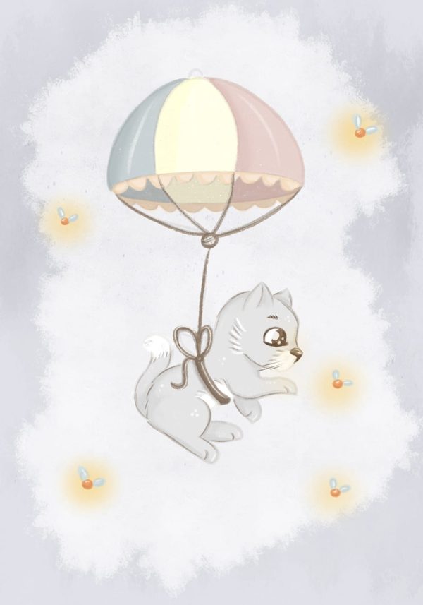 Chaton qui saute en parachute Affiche pour enfants - Vins Rouges Harmonieux pour Chaque Occasion
