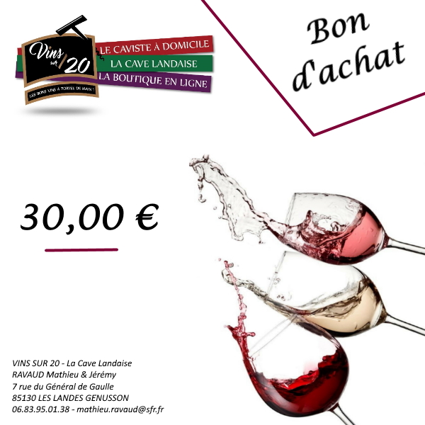 Bon d’achat de 30 € valable 1 an : Cave / Web / Domicile - Vins Rouges Harmonieux pour Chaque Occasion Bon d’achat de 30 € valable 1 an : Cave / Web / Domicile - Vins Rouges Harmonieux pour Chaque Occasion