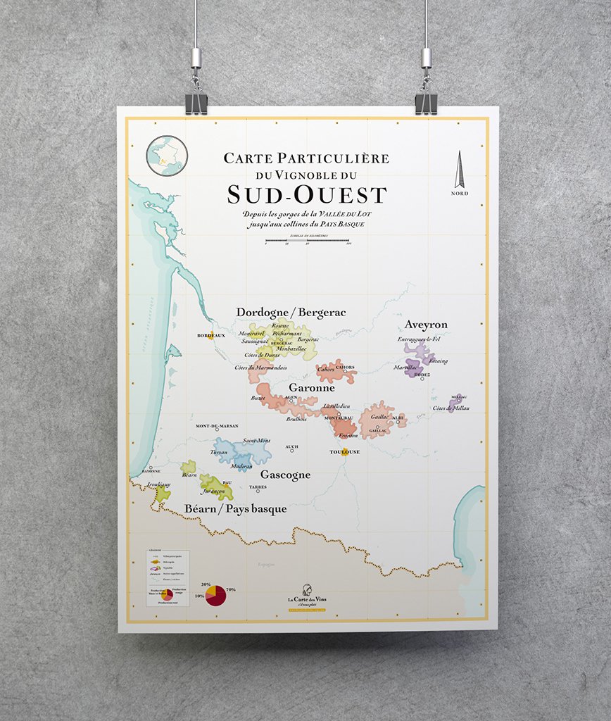 Carte des vins du Sud Ouest 50×70 - Vins Rouges Harmonieux pour Chaque Occasion Carte des vins du Sud Ouest 50×70 - Vins Rouges Harmonieux pour Chaque Occasion